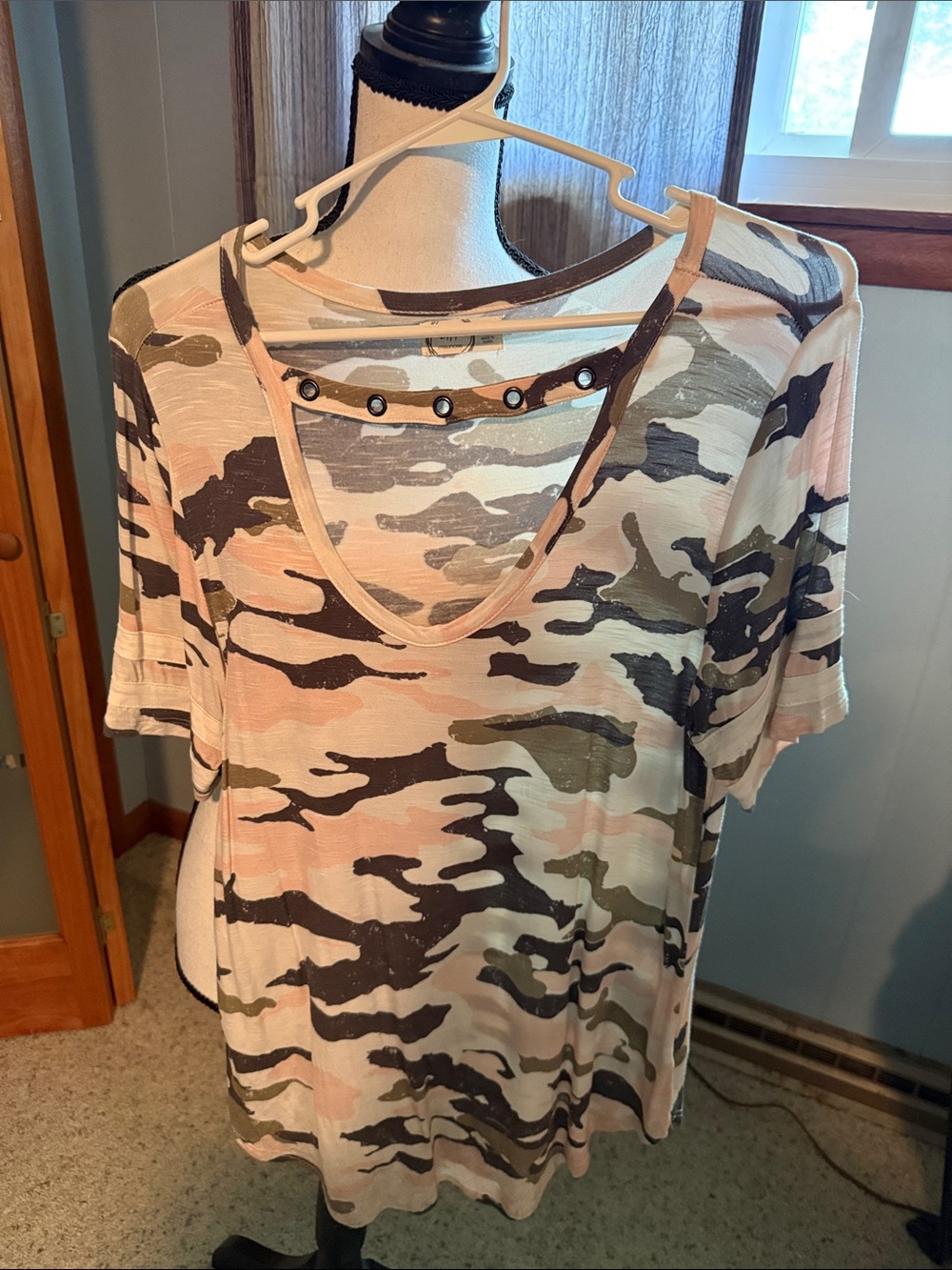 Maurices Pink and Olive Camo Short Sleeve Top with Eyelet Neck
